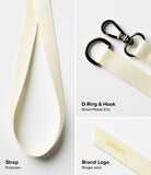 Band D Ring Hand Hook Strap - Cream polyester strap with a nickel-plated D-ring, metal hook, and Ringke brand logo.