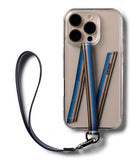 Band D Ring Hand Hook Strap - A clear phone case with a blue, orange, and yellow striped wrist strap attached by a metal hook.