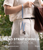 Band D Ring Hand Hook Strap - A person wearing a light blue wrist strap attached to a clear phone case hanging from their hand.