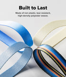 Band D Ring Hand Hook Strap - Four loops of colorful, high-density polyester straps arranged on a light background.