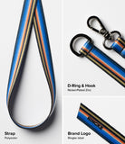 Band D Ring Hand Hook Strap - Blue striped polyester strap featuring a nickel-plated D-ring, metal hook, and Ringke logo.