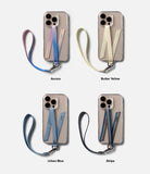 Band D Ring Hand Hook Strap - Four smartphones with colorful fabric wrist straps in Aurora, Butter Yellow, Urban Blue, and Stripe.