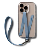 Band D Ring Hand Hook Strap - A light blue fabric wrist strap attached to a clear phone case via a metal D-ring hook.