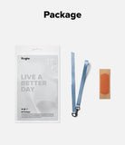 Band D Ring Hand Hook Strap - Ringke eco-friendly packaging, a blue lanyard with a metal hook, and an adhesive patch.