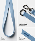 Band D Ring Hand Hook Strap - Light blue polyester strap featuring a nickel-plated D-ring, metal hook, and Ringke logo.