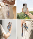 Band D Ring Hand Hook Strap - Four views of colorful fabric phone straps attached to clear cases with metal D-rings.