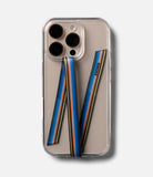 Band Strap - A clear phone case with a blue, orange, and yellow striped fabric finger strap attached to the back.