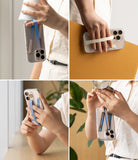 Band Strap - Four views of a person using colorful fabric phone straps attached to clear cases for a secure hand grip.