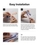 Band Strap - Two-step installation guide showing hands applying adhesive tape to a phone strap and attaching it to a case.