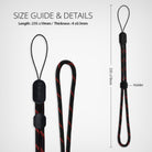 Paracord Lanyard Wrist Strap [2 Pack] - Size guide showing black and red paracord lanyard dimensions and components.