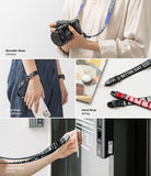 Strap Buckle Base | Light Gray [2 Pack] - Collage showing various strap buckle applications for cameras, phones, and ID cards.