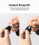 Strap Buckle Base | Light Gray [2 Pack] - Hands snapping a light gray buckle into a black strap base for easy attachment.