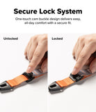 Cam Buckle Hand Strap - Illustration of a secure lock system with unlocked and locked positions on an orange strap.