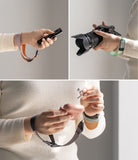 Cam Buckle Hand Strap - Collage of a person holding and using camera accessories on a plain background