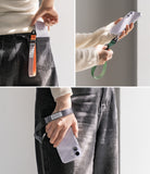 Cam Buckle Hand Strap - Collage of three images showing a phone case with a strap attached, held by different people.