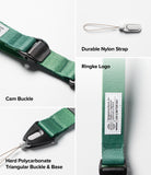 Cam Buckle Hand Strap - Green strap with cam buckle, durable nylon material, hard polycarbonate base, and Ringke logo on a white background.