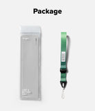Cam Buckle Hand Strap - Clear packaging with a green lanyard on a white background