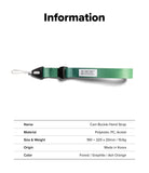Cam Buckle Hand Strap - Green lanyard with a label on a white background, displaying product information.