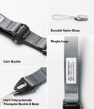 Cam Buckle Hand Strap - Gray strap with cam buckle, durable nylon material, and Ringke logo on a white background