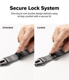 Cam Buckle Hand Strap - Secure lock system demonstration with hands unlocking and locking a belt.