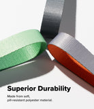Cam Buckle Hand Strap - Three ribbons in green, gray, and orange with text about durability on a white background