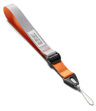 Cam Buckle Hand Strap - Orange and gray strap with a black clip on a white background