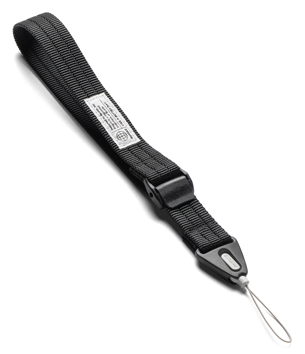 Cam Buckle Hand Strap - A black textured nylon camera strap with a plastic quick-release buckle and a silver metal loop at the end, shown on a plain white background.