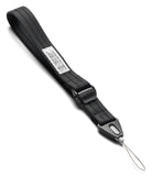 Cam Buckle Hand Strap - A black textured nylon camera strap with a plastic quick-release buckle and a silver metal loop at the end, shown on a plain white background.