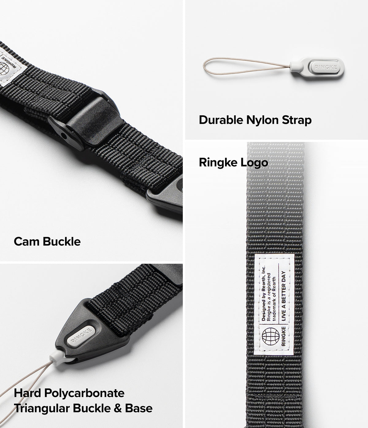 Cam Buckle Hand Strap - A product detail collage showing a black nylon strap with a black cam buckle, a hard polycarbonate triangular buckle and base, a durable nylon strap, and a Ringke logo label on a light gray background with text callouts.