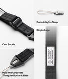 Cam Buckle Hand Strap - A product detail collage showing a black nylon strap with a black cam buckle, a hard polycarbonate triangular buckle and base, a durable nylon strap, and a Ringke logo label on a light gray background with text callouts.