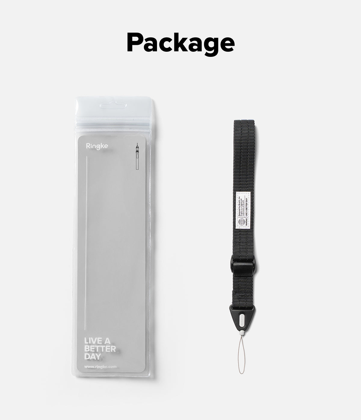 Cam Buckle Hand Strap - A product package and a black wrist strap laid out on a light gray background with the word 'Package' at the top. The package is a clear plastic sleeve containing a light gray rectangular item, and the strap is black with a small white label and metal loop.