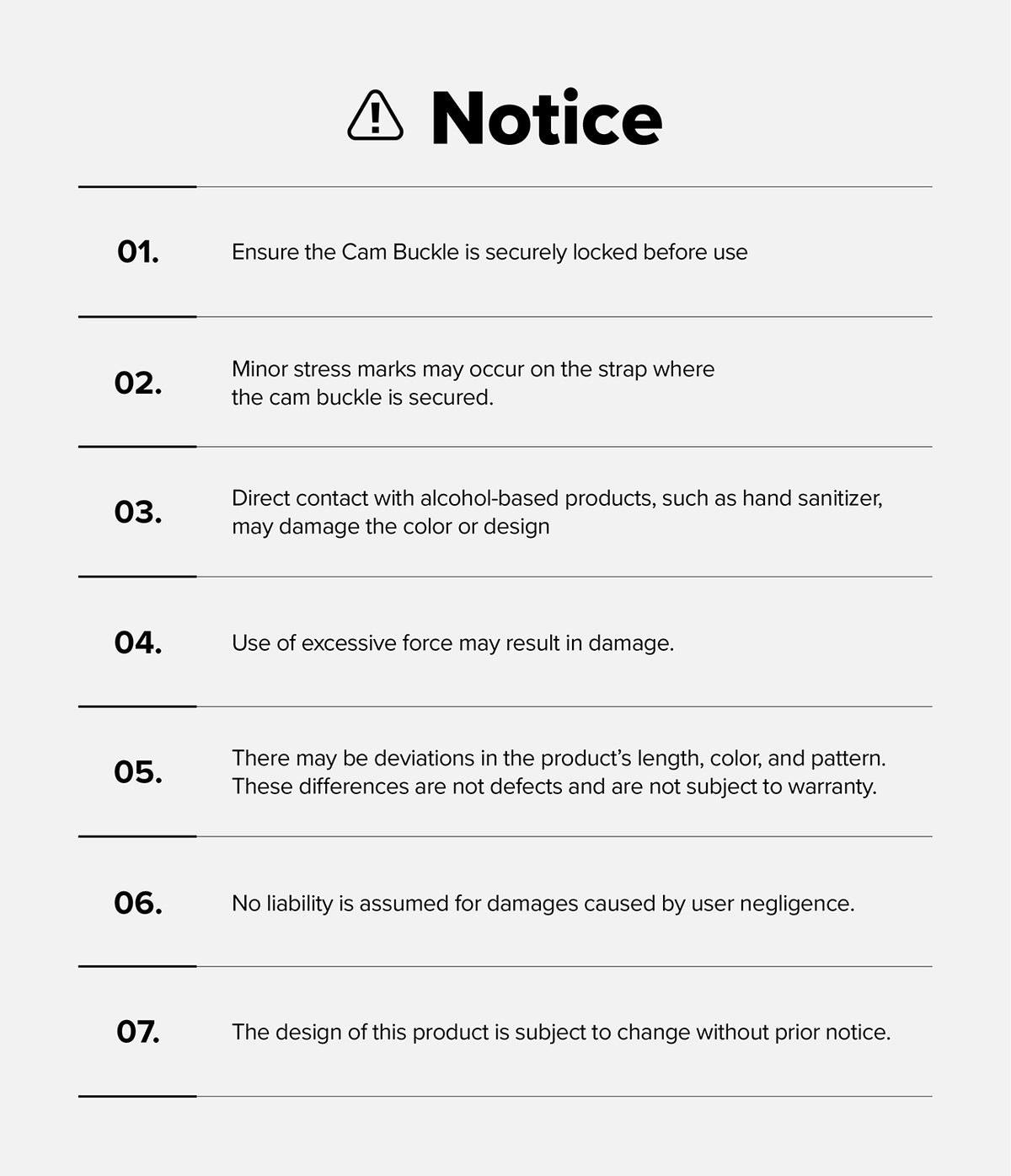 Cam Buckle Hand Strap - Notice or warning label with product usage instructions on a white background