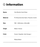Cam Buckle Hand Strap - A product information chart on a white background listing details for a cam buckle hand strap, including name, material, size, origin, and color options.