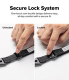 Cam Buckle Hand Strap - Feature graphic for a black adjustable strap with a secure lock system, showing side-by-side 'Unlocked' and 'Locked' demonstrations with a person's hand pressing a cam buckle.