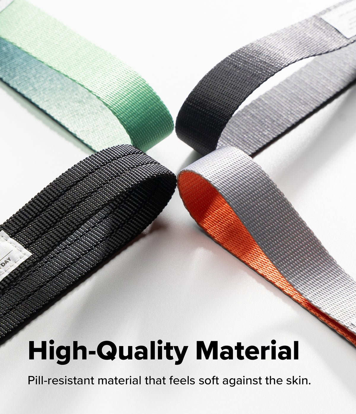 Cam Buckle Hand Strap - Four industrial webbing straps in different color combinations (green/teal, black, gray/silver, and silver/orange) arranged on a white background with the text 'High-Quality Material' and 'Pill-resistant material that feels soft against the skin.'.