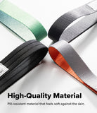 Cam Buckle Hand Strap - Four industrial webbing straps in different color combinations (green/teal, black, gray/silver, and silver/orange) arranged on a white background with the text 'High-Quality Material' and 'Pill-resistant material that feels soft against the skin.'.