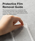 Fusion + Outstanding | iPad - Hand peeling a protective film off a clear iPad case with instructional text above.