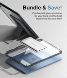 Fusion + Outstanding | iPad - iPad in a clear case with a white stand and tablet holder, promoting a bundle deal.