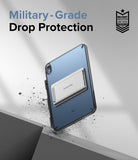 Fusion + Outstanding | iPad - iPad in a clear protective case with a kickstand, surrounded by debris, with military-grade text.