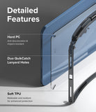 Fusion + Outstanding | iPad - Diagram highlighting hard PC, lanyard holes, and soft TPU features of a clear iPad case.