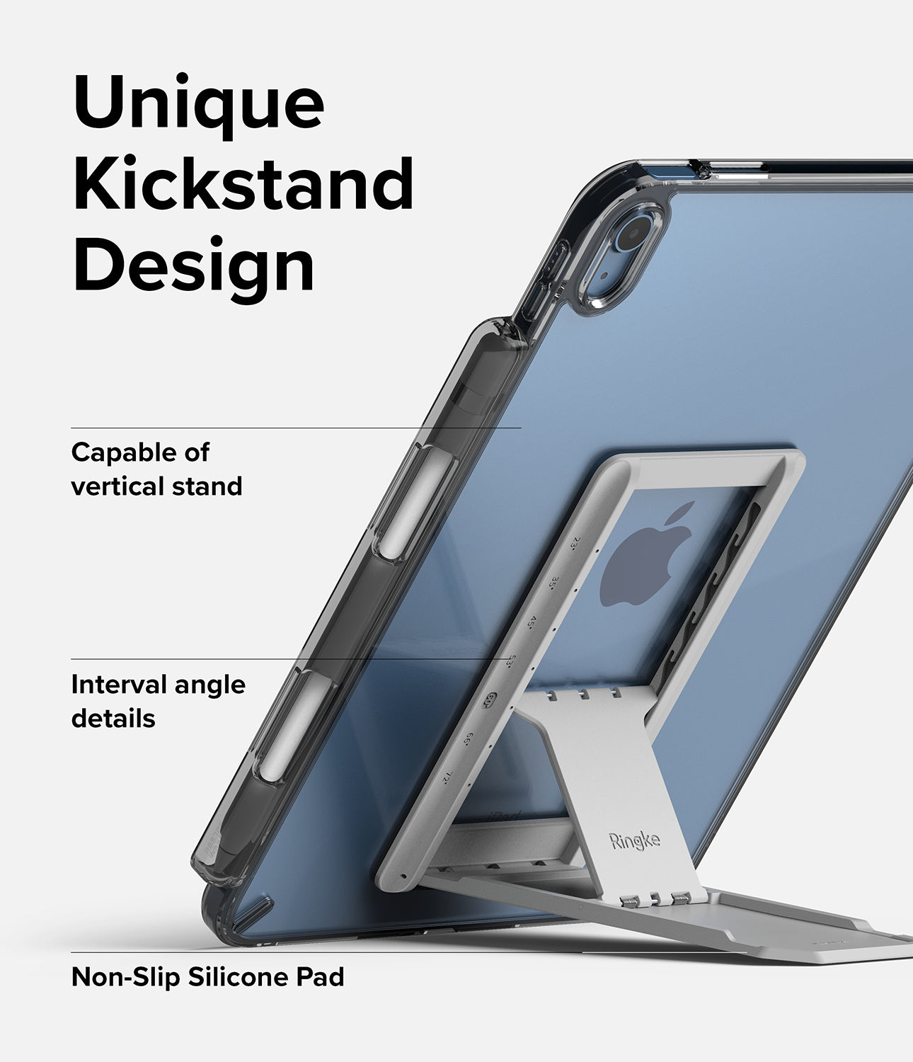 Fusion + Outstanding | iPad - iPad in a clear case with an adjustable silver kickstand showing vertical and angle options.
