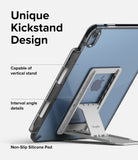 Fusion + Outstanding | iPad - iPad in a clear case with an adjustable silver kickstand showing vertical and angle options.