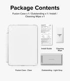Fusion + Outstanding | iPad - Clear Fusion case, light gray tablet kickstand, installation guide, and cleaning wipe.