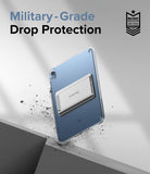 Fusion + Outstanding | iPad - Clear iPad case with a white kickstand floating above debris, highlighting military-grade drop protection.