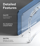 Fusion + Outstanding | iPad - Clear iPad case highlighting hard PC, lanyard holes, and soft TPU features with callout text.