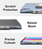 Fusion + Outstanding | iPad - Three panels showing iPad case features: scratch protection, raised bezels, and precise cutouts.
