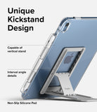 Fusion + Outstanding | iPad - Clear iPad case with an adjustable silver kickstand showing various angle settings.