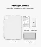 Fusion + Outstanding | iPad - Clear Fusion case, light gray kickstand, installation guide, and cleaning wipe.
