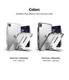Fusion + Outstanding | iPad - Two iPads in clear and smoke black cases with light gray kickstands on white background.