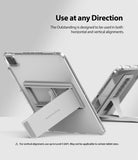 Fusion + Outstanding | iPad - Two iPads in clear cases with folding stands positioned in vertical and horizontal orientations.